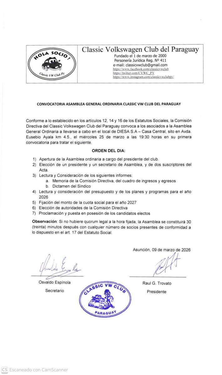 CVWC_PY's tweet photo. Estimados socios, compartimos la Convocatoria a nuestra Asamblea General Ordinaria a realizarse el 25/03 en Diesa.
Atentamente,
Comisión Directiva. https://t.co/QX5G0C1b3E