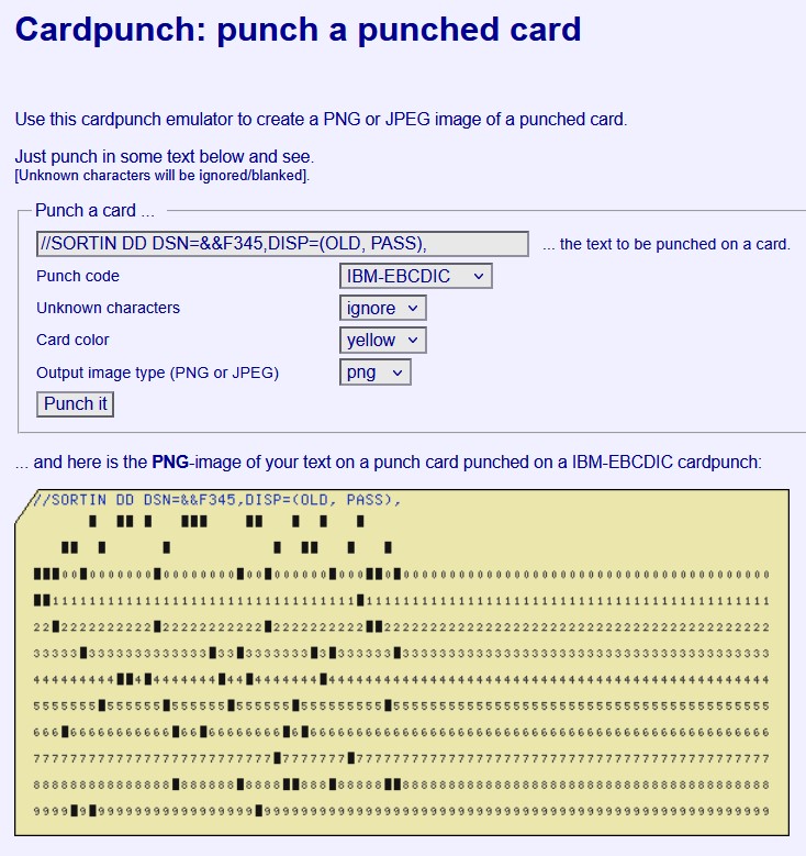 HmmmUK's tweet photo. @TheWMIGuy @mikko Looks fine to me...
Using an online cardpunch emulator for:
//SORTIN DD DSN=&amp;&amp;F345,DISP=(OLD, PASS), https://t.co/eP5eCGWEN8