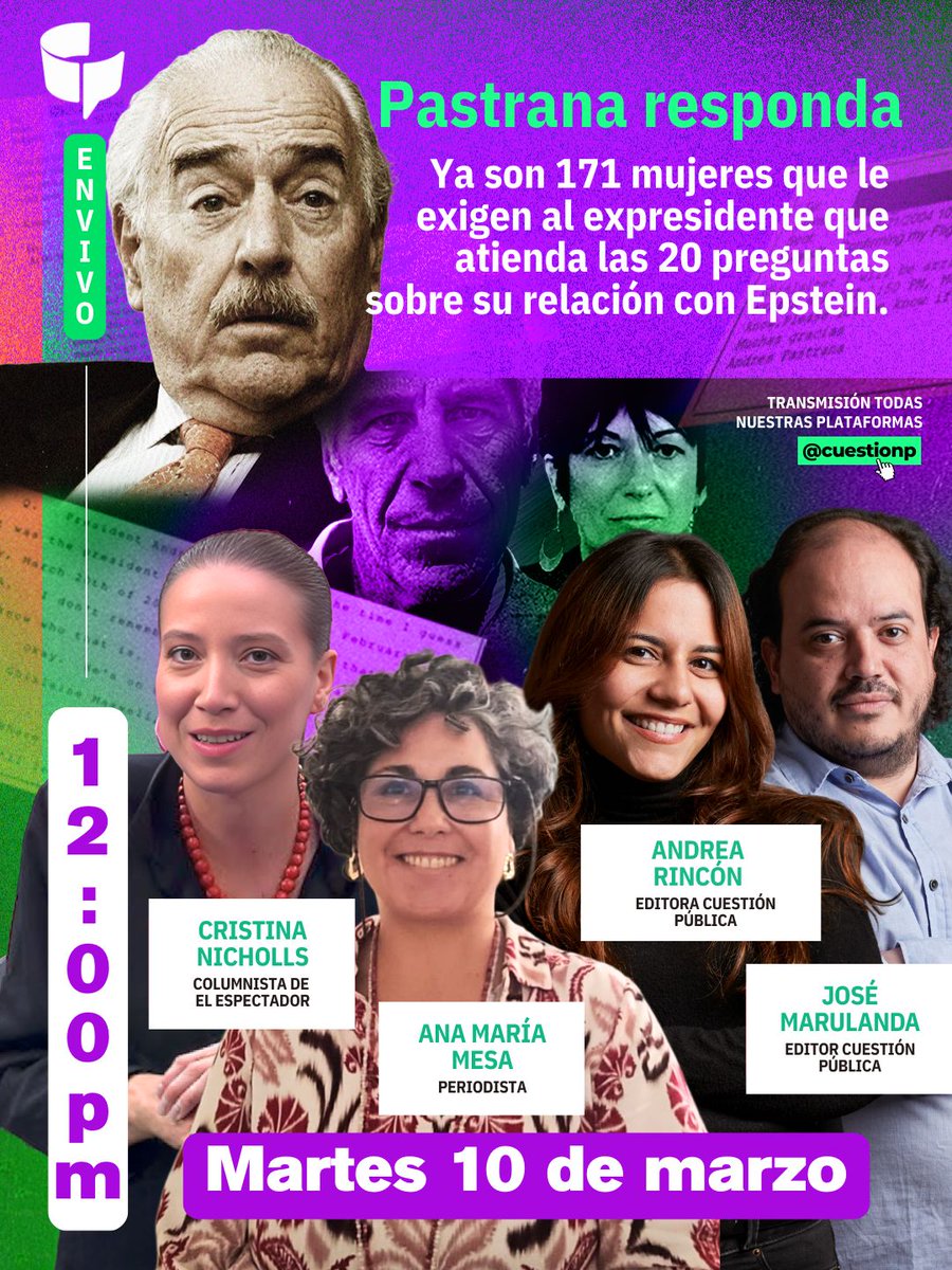 Pastrana responda. Ya son 171 mujeres las que le exigen al expresidente que responda 20 preguntas sobre su relación con Epstein. HOY nos vemos #EnVivo con Cristina Nicholls, Ana María Mesa, Andrea Rincón y José Marulanda. Conéctate al mediodía (12 m. hora 🇨🇴) por todas nuestras
