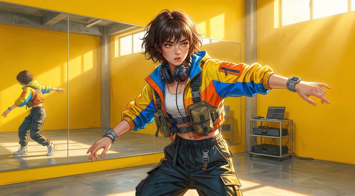 rainx's tweet photo. Anime aesthetic, 2.5D style, hyper-detailed skin texture, freckles, messy short hair, vibrant yellow background, cinematic sunlight, volumetric lighting, subsurface scattering, high-end headphone, technical gear, high-fashion outdoor wear, vivid colors ... https://t.co/RQeDGrZkUd