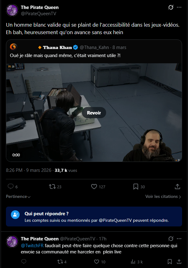 le Twitch FR résumé en un screen. 

"fait ce que je dis pas ce que je fait"

en fait tu veux pas que des gens viennent le défendre ba va pas poster un poste qui amene lui meme a du harcelement... 
c'est clair on avancera jamais avec ce genre de comportement sur la plate-forme.