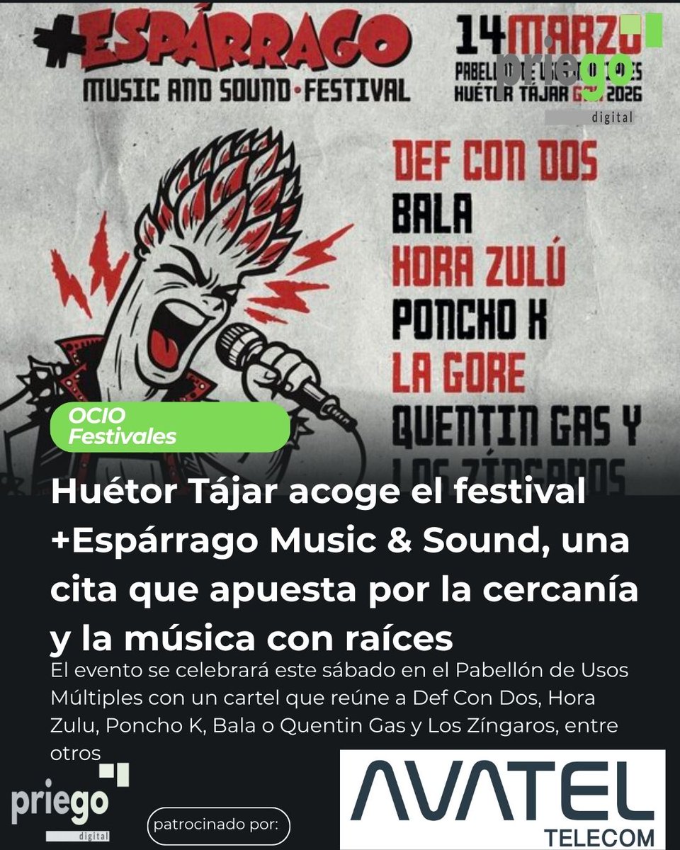 Huétor Tájar acoge el festival +Espárrago Music &amp; Sound, una cita que apuesta por la cercanía y la música con raíces
👉priegodigital.es/noticia/15799-…

#musica #esparragorock #festivales #ocio #noticiaslocales