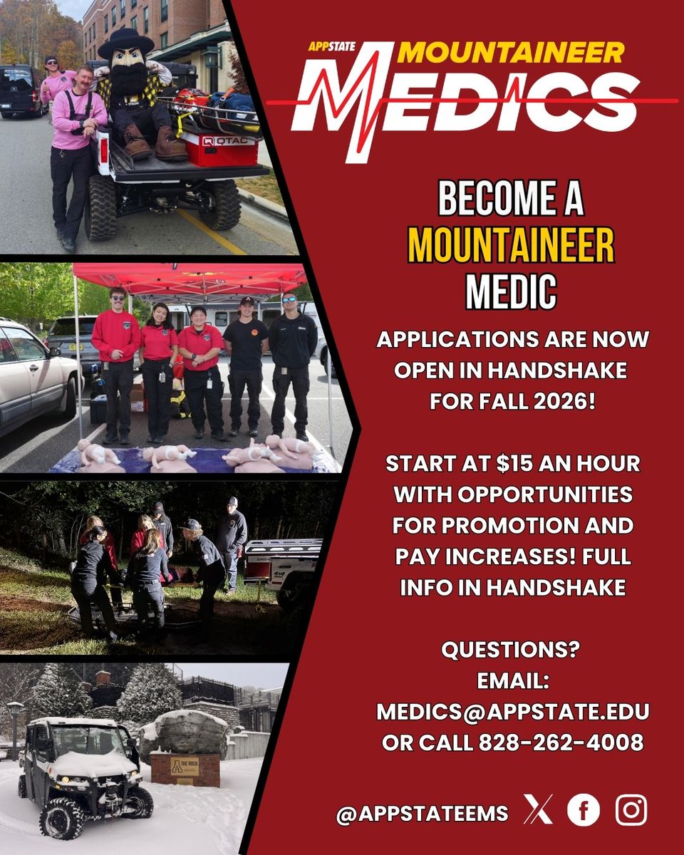 AppStateEMS's tweet photo. @appstate students: Do you want to gain experience and training as an #emt, network with local first responders and develop your leadership skills? JOIN OUR TEAM! 🚑🖤💛

Visit https://t.co/sar241IOuZ to learn more and apply by April 5! https://t.co/IRzFXEZ5BX