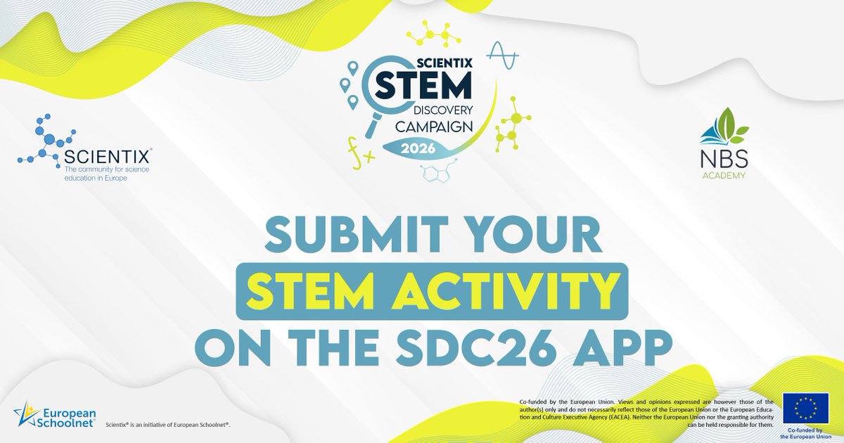 Join the STEM Discovery Campaign 2026! 🌍📍
Share your STEM lessons, events or resources and explore sustainability with @NBS_Academy.
Take part and shine in the #ScientixAwards! 🚀✨ tinyurl.com/SDC-26
