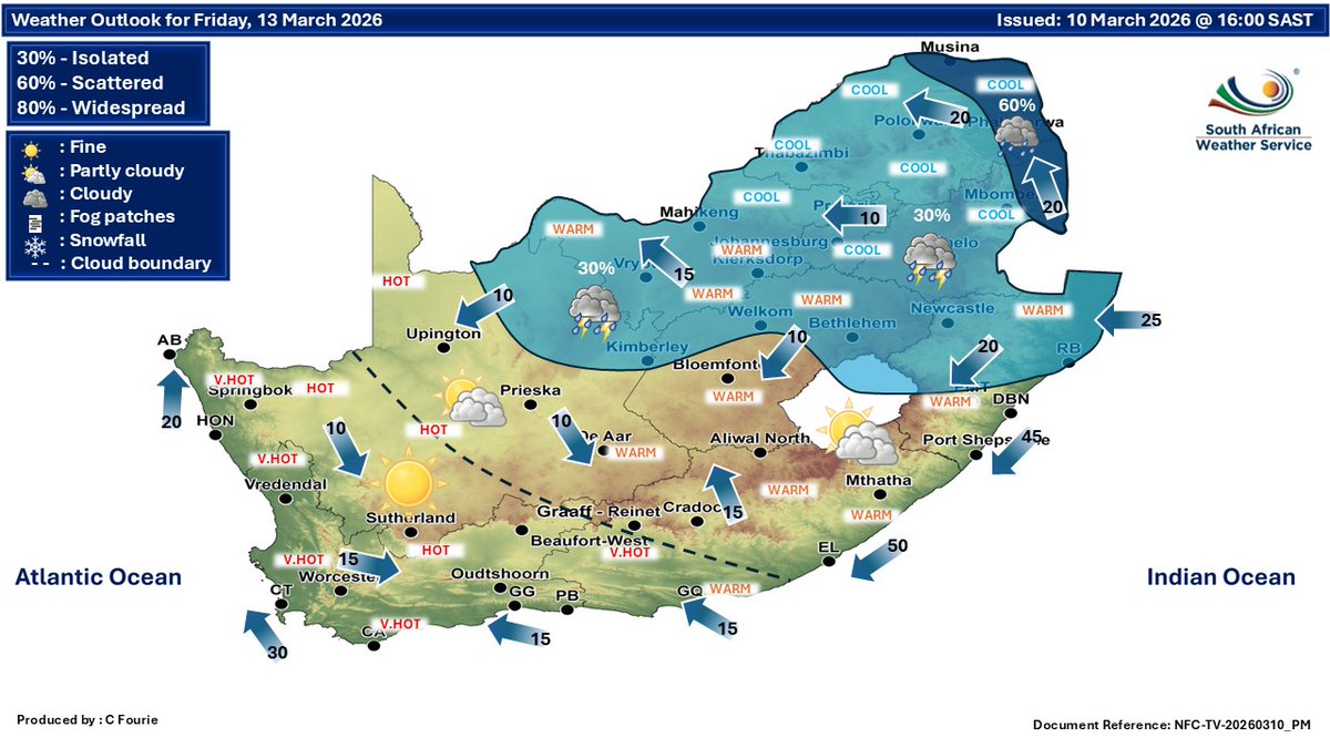 SAWeatherServic's tweet image. Extended weather forecast for Thursday and Friday, 12-13 March 2026:
Fine and hot to very in places in the west, otherwise partly cloudy and cool to warm with isolated showers and thundershowers but scattered in the north-east.
#saws #weatheroutlook #heatwave #Warning