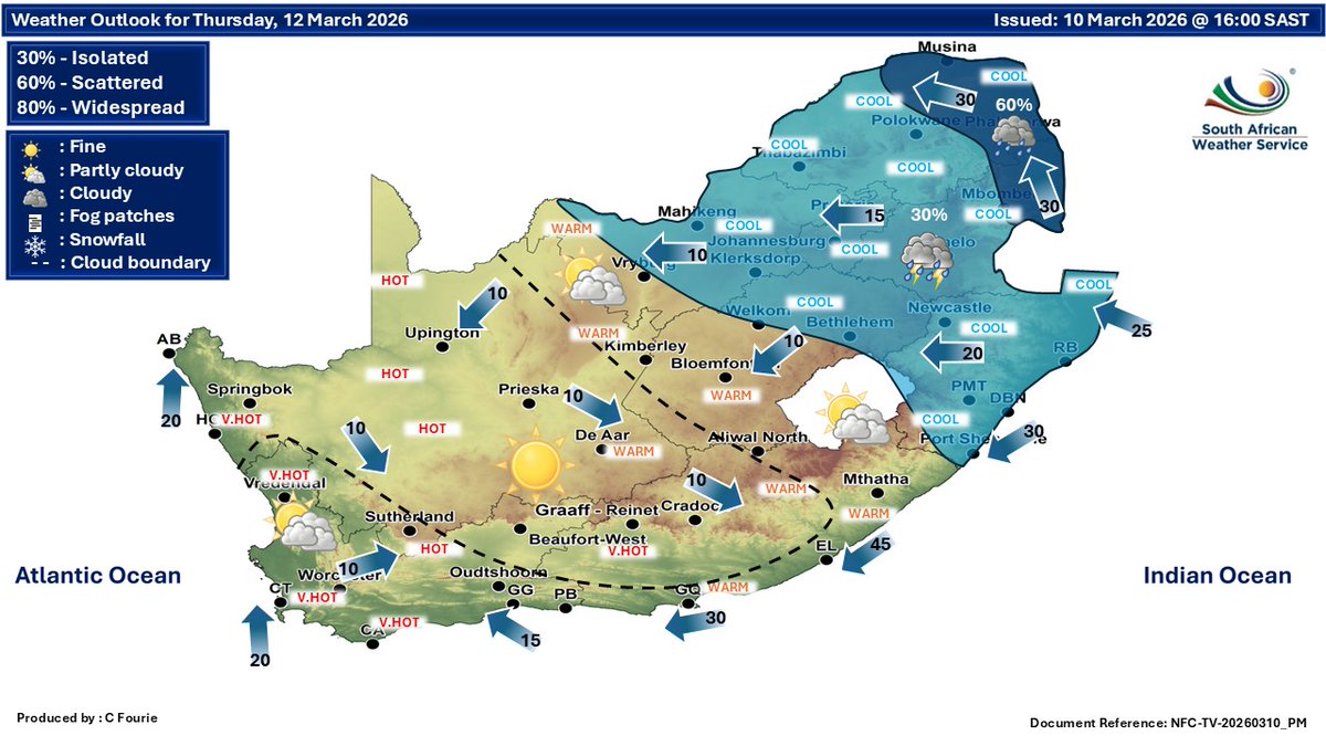 SAWeatherServic's tweet image. Extended weather forecast for Thursday and Friday, 12-13 March 2026:
Fine and hot to very in places in the west, otherwise partly cloudy and cool to warm with isolated showers and thundershowers but scattered in the north-east.
#saws #weatheroutlook #heatwave #Warning