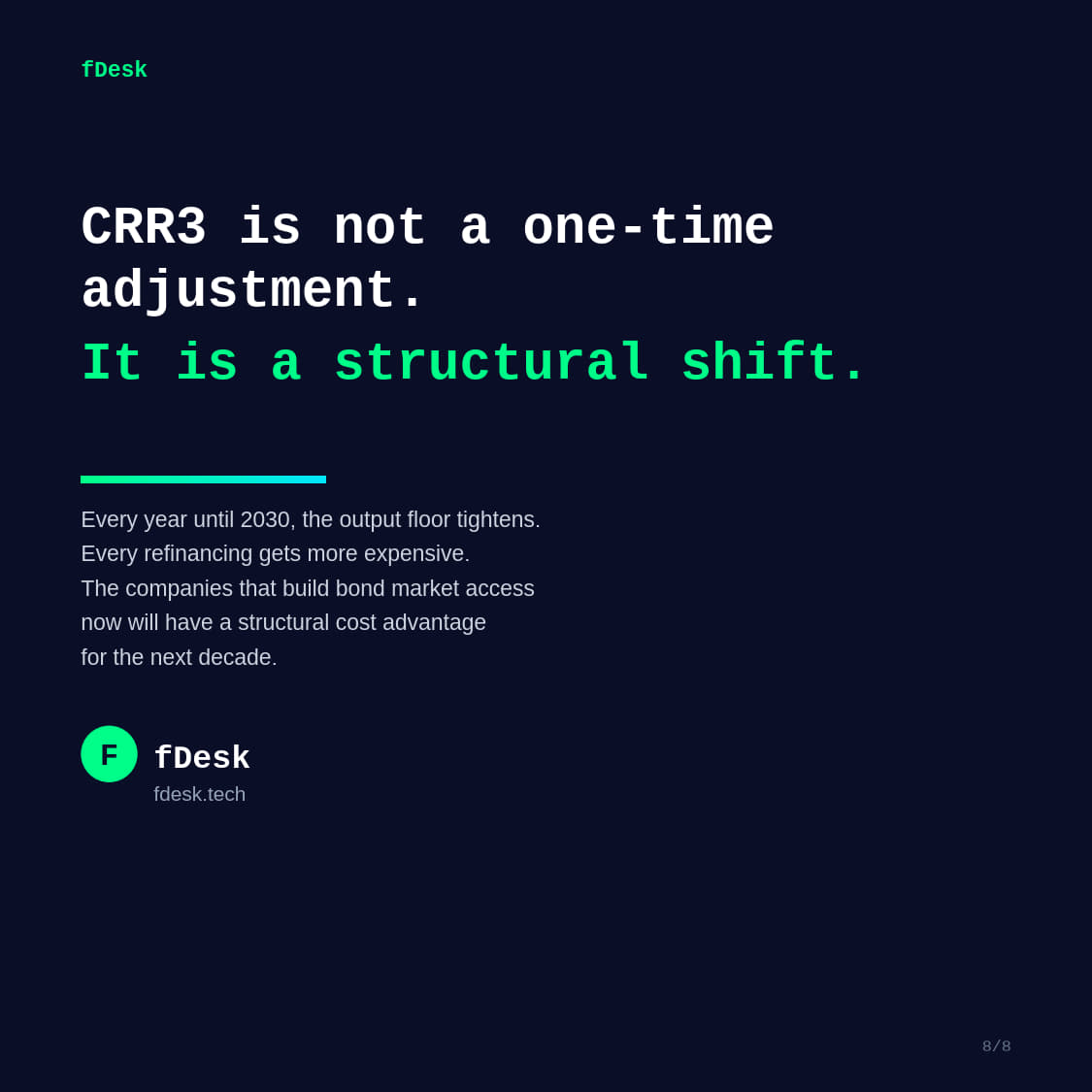 fdesk_tech's tweet photo. Bond markets offer a structural alternative. Pricing set by investor competition, not one bank's capital formula.

We built fDesk for this. CSSF-regulated. SEDIP® framework. €600M+ processed. Weeks, not months.

Full blog post: https://t.co/Xi3nmp88sJ https://t.co/KR3XA96Jt3