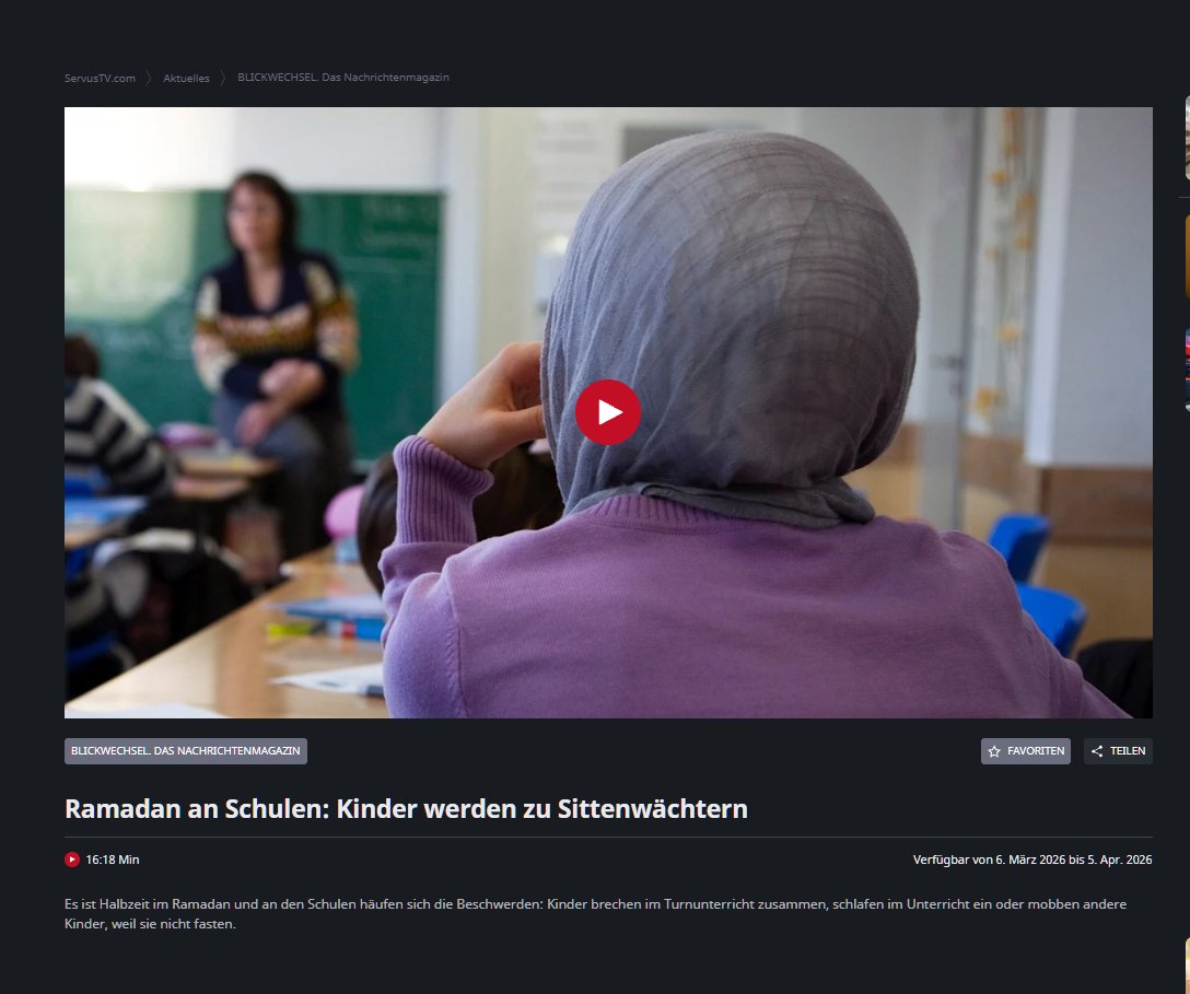Scharia-Polizei nun an Österreichs Schulen: 
Lehrer berichten bereits von Schülergruppen, die darauf achten, dass sich alle an die Fastenregeln halten. Auch die Österreicher sind mehrheitlich alles nur Lappen und schauen weiter zu, wie der Islam ihnen das Land wegnimmt. 😉🍿