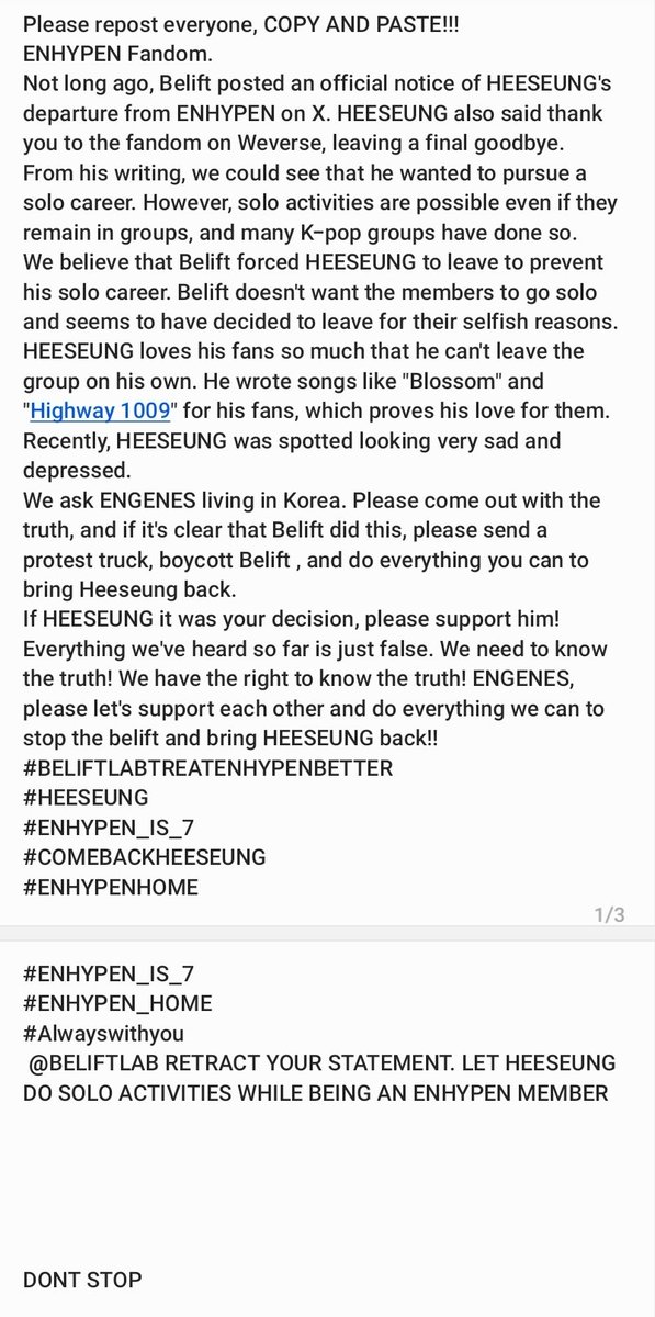 estorboo__'s tweet photo. Engenes por favor reposteen, creemos que belift haya ovligado a heeseung a retirarse
#ENHYPEN_HEESEUNG #ENHYPEN #ENHYPEN_희승 #BELIFT_LAB #HYBE #HEESEUNG https://t.co/dCoF2bldCh