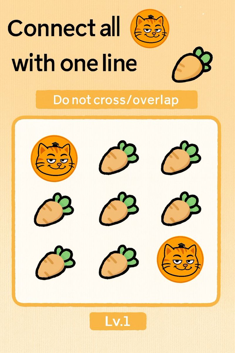Coincat_Global's tweet image. One line only.
No crossing.

Can your brain solve this? 🧠🐱🥕

#CCAT #Edufi 
#PuzzleChallenge #BrainTeaser #MindGame #Web3Community