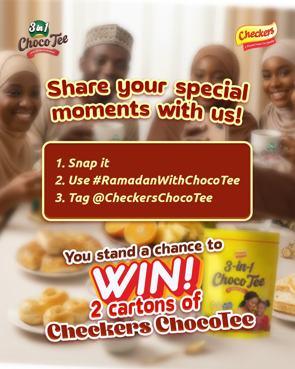 Share your sweetest Ramadan moments with ChocoTee 🍫✨
Snap it, post with #RamadanWithChocoTee, and tag @CheckersChocoTee for a chance to win 2 cartons of Checkers Choco Tee.
Hurry now entries close March 12. Don’t miss out!
#RamadanIsHere
#CheckersChocoTee
#3in1ChocoTee