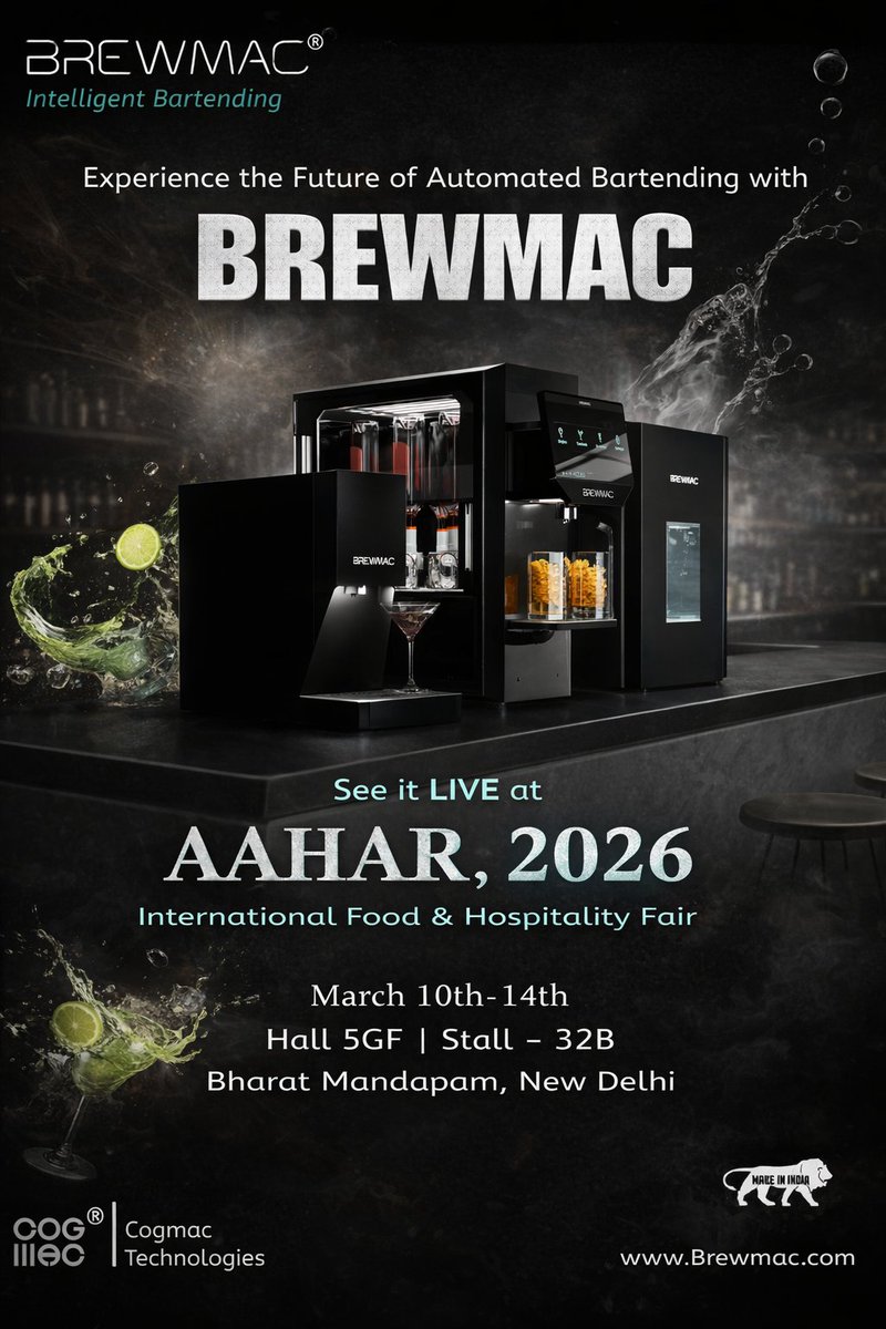 brewvend_me's tweet photo. From smart rooms to digital reservations, #technology is transforming the industry.
#Hospitality is evolving. Beverage service should too.
#BREWMAC™ – #Intelligent #Bartending.
Precision pours. Consistent drinks. Faster service.
Experience it live at #AAHAR 2026. https://t.co/5IOtYJbkFv