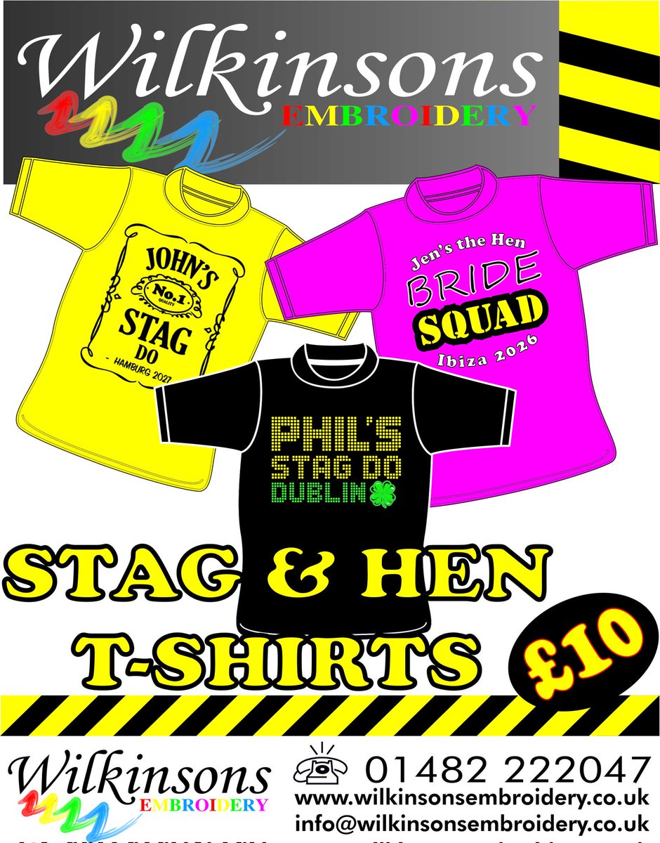 WilkinsonsEmb's tweet photo. 🚨 Customised Hen &amp; Stag t-shirts 🚨
💥 25 colours 🎨
💥 Sizes S - 5XL 👕
💥 Express delivery 📦

1️⃣ Send us your name/date/slogan
2️⃣ We'll mock up your design
3️⃣ We'll create &amp; cater for your entire crew #tshirtprint #stagtshirts #henparty #customisedtshirt #phototshirt https://t.co/wgjwontTxf