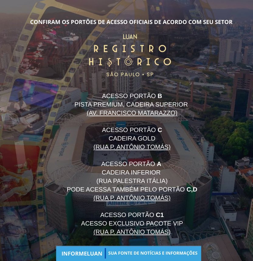 informeluan's tweet photo. 🚨 Portões confirmados para o Registro Histórico em São Paulo!

🔹 Portão B — Pista Premium / Cadeira Superior
🔹 Portão C — Cadeira Gold
🔹 Portão A — Cadeira Inferior
🔹 Portão C1 — Pacote VIP

⚠️ Confira seu setor e chegue com antecedência!

— Informeluan https://t.co/d81mAWGvOa