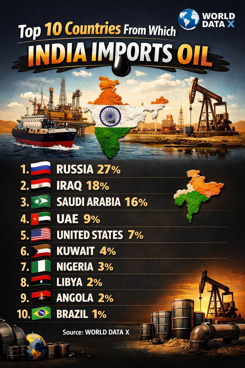 world_datain's tweet image. Top 10 Countries From Which India Imports Oil
#worlddata
Source # Ministry of Petroleum and Natural Gas (India)