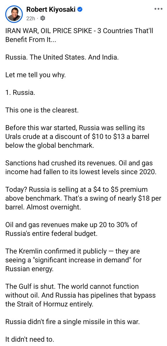 Mrsinha's tweet photo. Very interesting take by @theRealKiyosaki on #IranWar and its impact on "Oil game". https://t.co/b99cbWOGSD