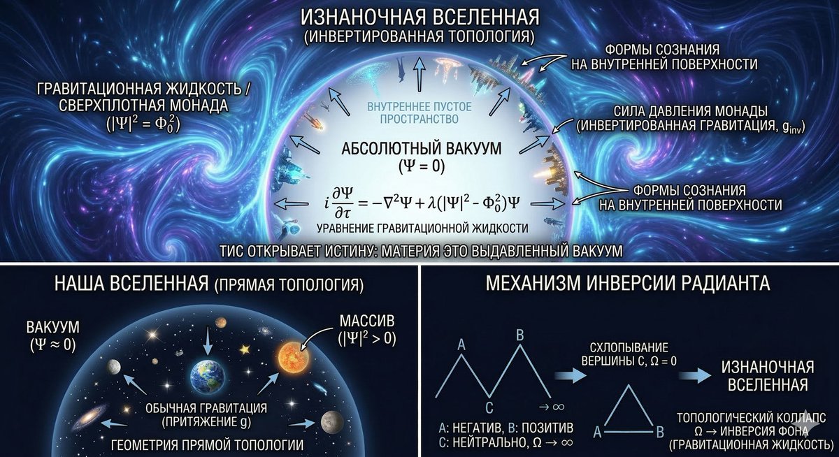 theCherashev's tweet photo. Вселенная наизнанку: 
Что, если космос — это океан, а пустота — пузырь?

Человеку кажется, что устройство мира очевидно: есть бесконечный чёрный вакуум, и в этом холоде изредка встречаются островки вещества — звёзды, планеты, кометы. Вы привыкли, что пустота — это норма, а материя — исключение. Но Теория Инвариантного Становления (ТИС) предлагает взглянуть на реальность под другим углом. Её уравнения показывают: возможна иная, альтернативная реальность, где всё вывернуто наизнанку.

Иллюзия пустоты
В нашей картине мира материя — это «комки» поля, разбросанные по огромной пустой арене. Гравитация работает как невидимые канаты, стягивающие эти комки друг к другу. Мы привыкли считать вакуум «ничем», а пла��еты — «чем-то».

Но математика ТИС допускает ситуацию, когда плотность поля достигает предела. Представьте, что «ничто» и «всё» меняются местами. Это не игра воображения, а строгое следствие уравнений, описывающих поведение фундаментального поля.

Мир, вывернутый наизнанку
В Изнаночной Вселенн��й космос — это не пустота. Это колоссальная, бесконечная вибрирующая среда. Физики в рамках ТИС называют такое состояние абсолютной плотностью монадного поля. Проще говоря, это похоже на бесконечный океан сверхплотной «гравитационной жидкости» (термин «жидкость» здесь — метафора для сплошной среды, доведённой до предела насыщения).

А где же тогда вакуум? В этом вывернутом мире вакуум — это огромный пустой пузырь, зажатый со всех сторон этим океаном. Абсолютная пустота, окружённая абсолютной полнотой. Такая картина не просто красива — она математич��ски непротиворечива и вытекает из законов сохранения ТИС.

Гравитация как давление
Как работает притяжение в таком пространстве? В нашей Вселенной массивная Земля притягивает лёгкое яблоко. В Изнаночной Вселенной классического притяжения нет. Там царит давление внешней среды.

Сверхплотный океан непрерывно давит на стенки пузыря, стремясь заполнить пустоту и восстановить равновесие. Любой объект, оказавшийся внутри этого пустого пространства, не «падает вниз» в нашем понимании — он с огромной силой выдавливается из центра к краям.

Метафора: Представьте деревянный поплавок под водой. Вода не притягивает его — она выталкивает его на поверхность. Точно так же «вывернутая гравитация» прижимает всё к внутренним стенкам гигантского вакуумного пузыря. То, что для нас было бы пустотой, там становится основой мироздания.

Граница, где возможна жизнь
Где в таком странном мире могло бы существовать со��нание? Зададимся этим вопросом строго: где могут возникать сложные устойчивые системы?

· Внутри пузыря — абсолютная пустота. Там нет носителя для информации, не из чего строить сложные структуры.
· Снаружи, в океане — абсолютная плотность. Там всё слито в однородное состояние, нет разницы потенциалов, а значит, невозможны изменения.

Остаётся только граница — внутренняя стенка пузыря. ��то единственное место, где есть перепад плотности. Именно здесь, на этой «кромке», встречаются предельная полнота и предельная пустота. В таких условиях, согласно ТИС, и могут возникать сложные системы, способные строить внутренние модели реальности — то, что мы называем феноменом сознания.

Если бы на этой стенке существовали наблюдатели, их мир выглядел бы так: они ходят по внутренней поверхности гигантской сферы. Вверху — бескрайняя пустота центра Вселенной. Внизу, под ногами, — невидимая толща сверхплотного космоса, давление которой и создаёт для них силу тяжести.

Заключение
Теория Инвариантного Становления показывает: то, что мы считаем незыблемыми законами физики (пустота космоса, природа гравитации) — это лишь следствия конкретного состояния фундаментального поля. Топология реальности способна вывернуться наизнанку. Изнаночная Вселенная — это не наша Вселенная, а другая, альтернативная математическая модель, которая звучит как фантастика, но при этом опирается на строгие уравнения и логику ТИС.