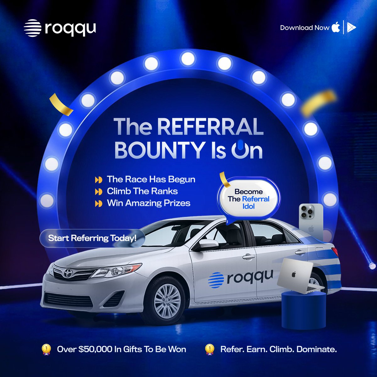 roqqupay's tweet photo. 🎁  Over $50,000 in prizes to be won!

The Referral Bounty is officially ON and it’s huge.

Who will rise to become the Referral IDOL? Every referral pushes you closer to the top.

How to get started:

1️⃣ Share your code to invite friends to Roqqu
2️⃣ Move up the leaderboard as they trade
3️⃣  Repeat 1&2

Top prizes include:
🥇  Branded Roqqu Car
🥈  Brand New Mac
🥉  iPhone 17

Inverter, iPad, Smart TV, Exclusive Roqqu Elite Boxes... and more.

Start sharing. Start climbing. Claim your spot in the top 100.