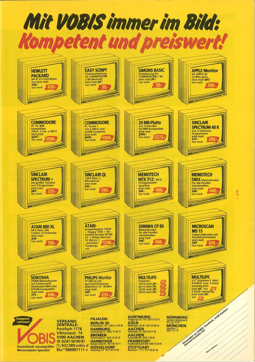 Retrojournal_de's tweet image. Mit VOBIS immer im Bild – kompetent und preiswert!

Ein Blick in alte Anzeigen zeigt, wie der 80er-Computerhandel aussah:
Sinclair Spectrum 48K für 249 DM, Atari 800XL für 199 DM – und eine 20-MB-Festplatte für 2373 DM. 😅
Speicher war teuer.
#80er #C64 #Sinclair #Atari #Vobis