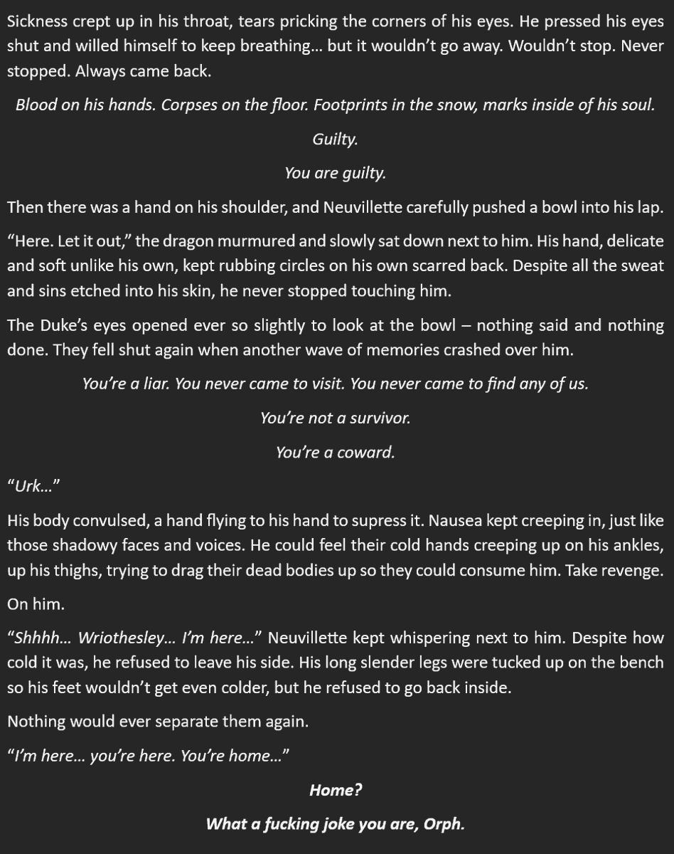 IchiroIsCoolGuy's tweet photo. [Upcoming] Little Wriolette
Intermission Chapter: Fear (work title)

With Neuvillette's due date approaching, Wriothesley is confronted with his own past.
How could he ever fathom to hold his own child with these two hands?

#Wriolette https://t.co/vJDV5ONsZR