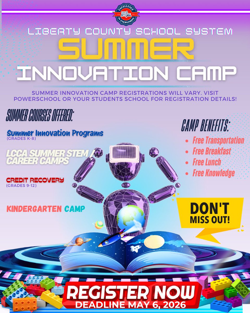 Register now for Summer Innovation Camp 2026! FREE summer learning with transportation, breakfast, &amp; lunch included. Summer Innovation, Credit Recovery (9–12), Kindergarten Camp, &amp; LCCA STEM/Career Camps. Deadline: May 6, 2026! Register in PowerSchool or contact your school.