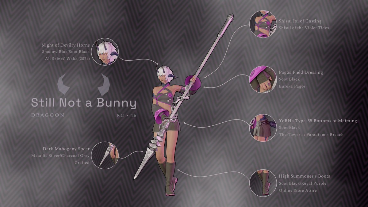 karotte2188's tweet image. Still Not a Bunny 🐉

A Dragoon glamour built on contrast: light, elegant, and quietly dangerous. Violet accents, sharp lines, and a spear that’s always ready.

Reforged Glamour (RG)
is.gd/ao2Fhk

#FFXIV #Dragoon #AuRa