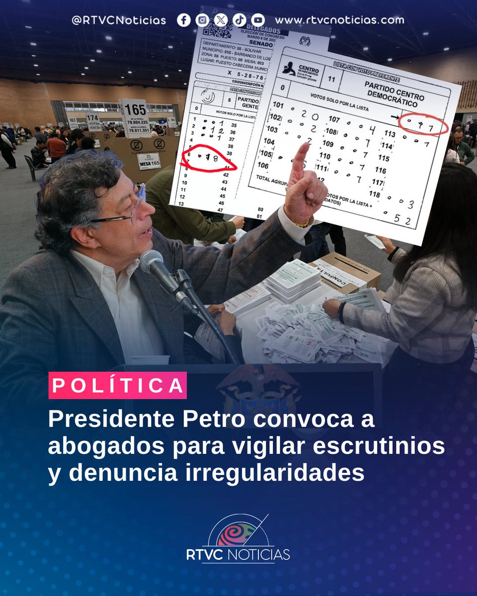 🗳️⁉️#Política | El presidente <a href="/petrogustavo/">Gustavo Petro</a> convocó a abogados en todo el país para vigilar los escrutinios y reforzar el control jurídico del proceso electoral. El mandatario también habló de presuntas irregularidades.

📰Más detalles acá⤵️
rtvcnoticias.com/politica/petro…