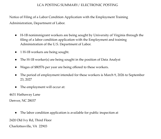 chrisbrunet's tweet photo. The University of Virginia (@UVA) has posted a notice of intent to hire an H-1B Data Analyst 

Salary: $80,576

No American was qualified for this job. https://t.co/cua48Eekdj