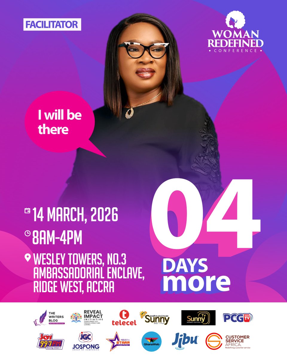 WritersBlogGH's tweet photo. 4 DAYS TO GO.

The room is almost ready.
The voices are ready.
The moment is drawing near.
#WRC26 is almost here.
A gathering for healing, empowerment and purpose.

Registration is closed.
For everyone who secured a seat, see you in the room.

#WomanRedefined2026 https://t.co/3jyBltGAoU