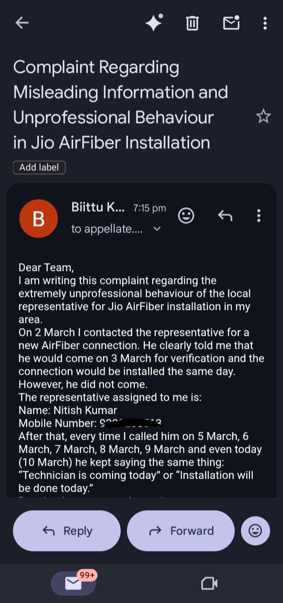 ballubalram09's tweet image. Very poor experience with Jio AirFiber installation in Begusarai, Bihar.  
Local representative kept promising installation for many days but no one came. My request was cancelled after wasting a week.  
Please look into this.  

@JioCare @reliancejio  
#JioAirFiber #JioCare