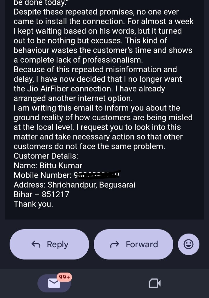 ballubalram09's tweet image. Very poor experience with Jio AirFiber installation in Begusarai, Bihar.  
Local representative kept promising installation for many days but no one came. My request was cancelled after wasting a week.  
Please look into this.  

@JioCare @reliancejio  
#JioAirFiber #JioCare