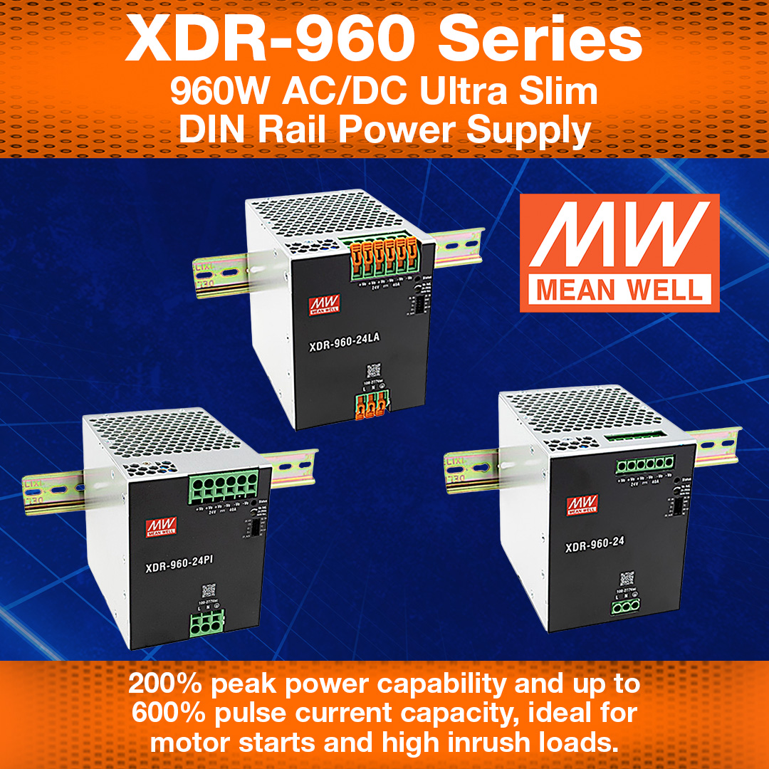 Built for high performance industrial power applications, the XDR-960 Series delivers maximum output in a space-saving DIN rail design. ⚡

MEAN WELL XDR-960 Series: hubs.li/Q044_-s-0

#IndustrialAutomation #PowerSupplies #DINRail #FactoryAutomation #IndustrialPower