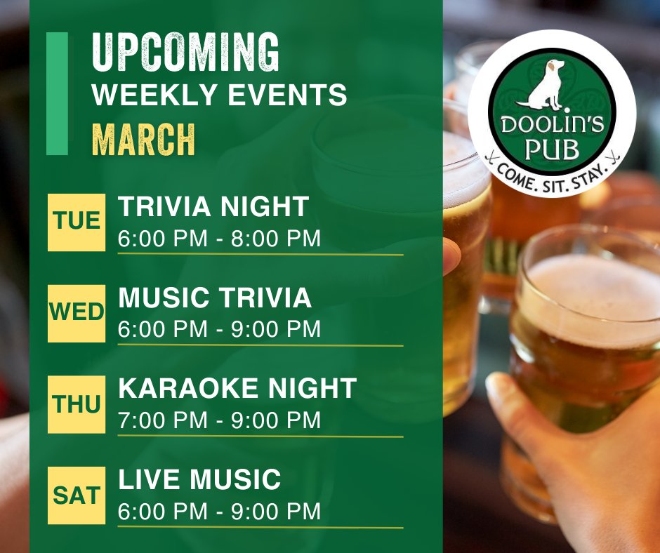 doolinspubME's tweet image. Looking for a reason to get out this week? We’ve got you covered.

🎶 Live music
🧠 Trivia nights
🎤 Karaoke
🍔 Great food &amp;amp; drinks

Check out our weekly lineup and join us for the fun at Doolin’s!

#SeeYouAtDoolins #PubLife #WeeklyEvents
