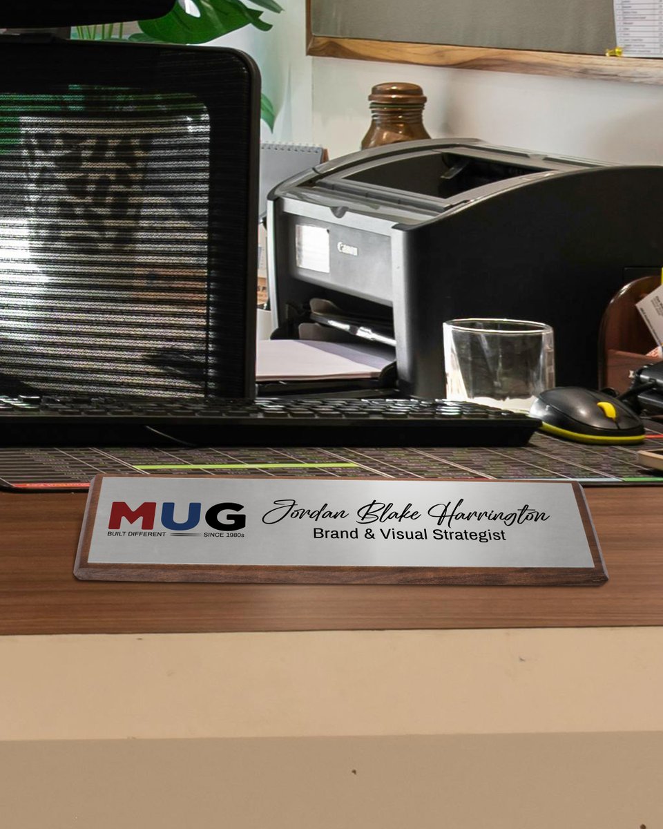 plaquemaker's tweet image. Customize our walnut desk wedges with your preferred text and artwork! Enjoy full color printing on a silver, gold, or white aluminum plate. Create fresh #signage for your outdated name plates, add new employees to the team, and more! #CustomSigns #Signs bit.ly/4ljgcea