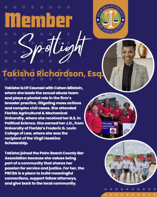 PBCBarPrez's tweet photo. We’re excited to continue our Member Spotlight series by featuring Takisha Richardson, Of Counsel at Cohen Milstein Sellers &amp; Toll PLLC. A seasoned litigator and leader of the firm’s Sexual Abuse practice, Takisha brings extensive trial experience and a commitment to justice. ⚖️ https://t.co/iGrU64N3ed
