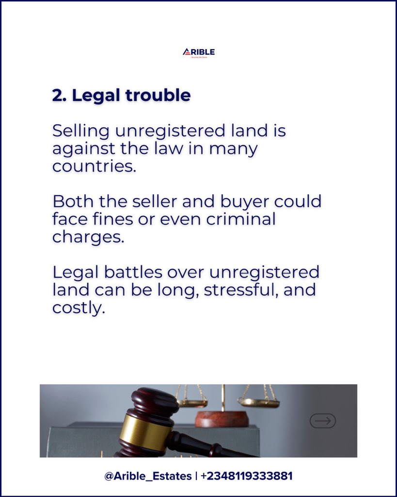 Arible_Estates's tweet image. Selling unregistered land can come with serious legal consequences. Know the risks before making a move. ⚠️

#knowledgeiskey
#AribleGroup
#realestate
#viralpost2026シ