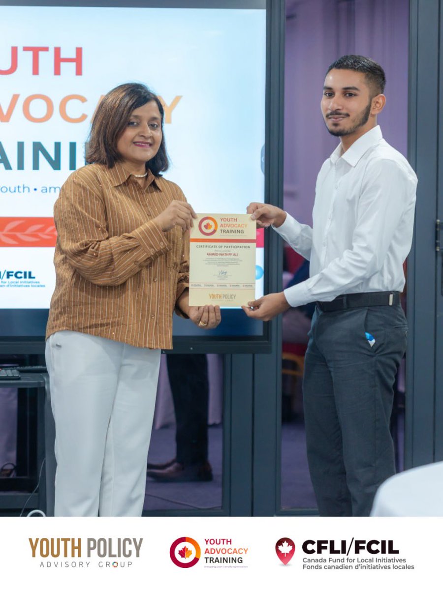youthpolicymv's tweet photo. A new generation of youth advocates emerges as the Youth Advocacy Training Programme concludes its first phase with the support of the Canada Fund for Local Initiatives (CFLI).

#CanadaFund https://t.co/HKGjixeftK