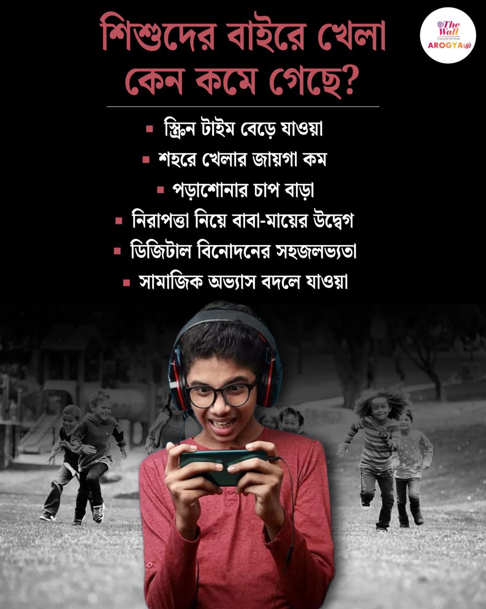 TheWallTweets's tweet image. শিশুদের বাইরে খেলা কেন কমে গেছে?
#ChildHealth #OutdoorPlay #TheWallArogya #DigitalAddiction #ScreenTime #PhysicalActivity #ParentingTips #ChildDevelopment #HealthyKids #BengaliHealthTips #SocialSkills #UrbanLiving #TheWallNews #SedentaryLifestyle #MentalHealthAwareness