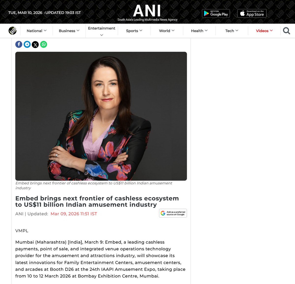 embedcard's tweet photo. Embed CEO Renee Welsh on India’s fast-growing FEC industry: frictionless guest journeys, real-time insights, and smarter operations. 

Thanks to ANI news for this feature. Read the full article: https://t.co/7A16rV2TR4

@iaapi_hq
#IAAPIExpo #FuellingFun #TransformingFun https://t.co/VjGaHtHBdR