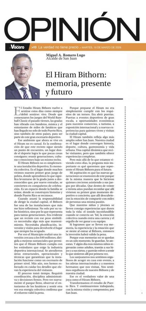 El Estadio Hiram Bithorn es sinónimo de gloria y de grandes momentos que forman parte de nuestra memoria colectiva.

Hoy les comparto una reflexión sobre su importancia para nuestra ciudad y sobre el futuro que seguimos construyendo para San Juan.
#AcciónContinua