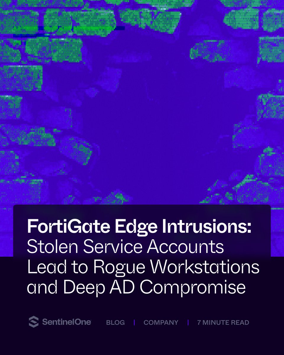 SentinelOne's tweet photo. What happens when the FortiGate next-generation firewall protecting your network becomes the backdoor? 🚪

Our DFIR team has been tracking a wave of FortiGate NGFW compromises. Attackers are exploiting vulnerabilities to extract config files, steal service account credentials, and move laterally. 

The worst part? Most organizations lack the log retention to see how it happened. 🧵👇