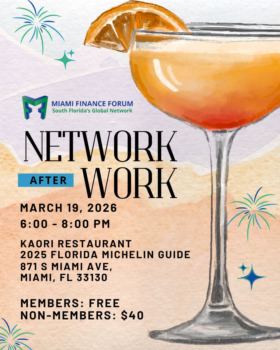 MiamiFinForum's tweet image. Your next great connection is waiting. The Miami Finance Forum invites you to Network After Work on March 19th from 6:00 – 8:00 PM at Kaori Restaurant

RSVP now to secure your spot! 👉 bit.ly/3MVqSmo

#MiamiFinanceForum #NetworkAfterWork #MiamiNetworking #MiamiEvents