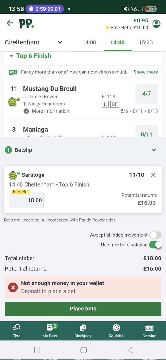 johncmenzies's tweet photo. @AskPaddyPower issue with your free bet. Trying to place a £10 free bet at 11/10. Incorrectly stating the potential winnings are £16. Won't let me place the bet. Solutions? johncmenzies78 https://t.co/Z0IHBEZe3G