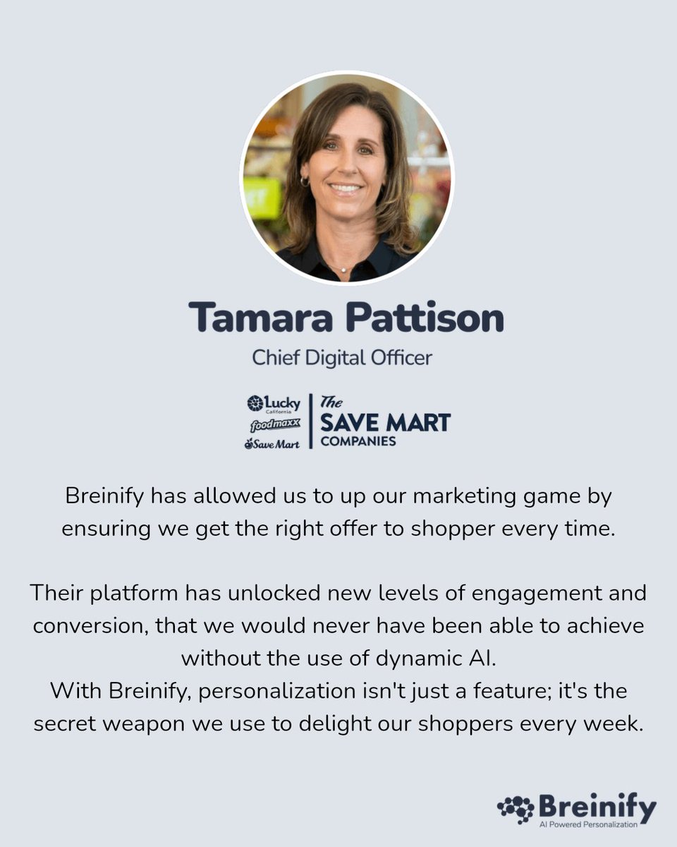 breinify's tweet photo. SaveMart uses Breinify to power dynamic, store-level email personalization.

Grocery moves fast:
• promotions change weekly
• pricing varies by store
• inventory shifts constantly

Breinify ensures every shopper sees the right promotion.

#retailAI #personalization #grocery https://t.co/LObQ5jPLpA