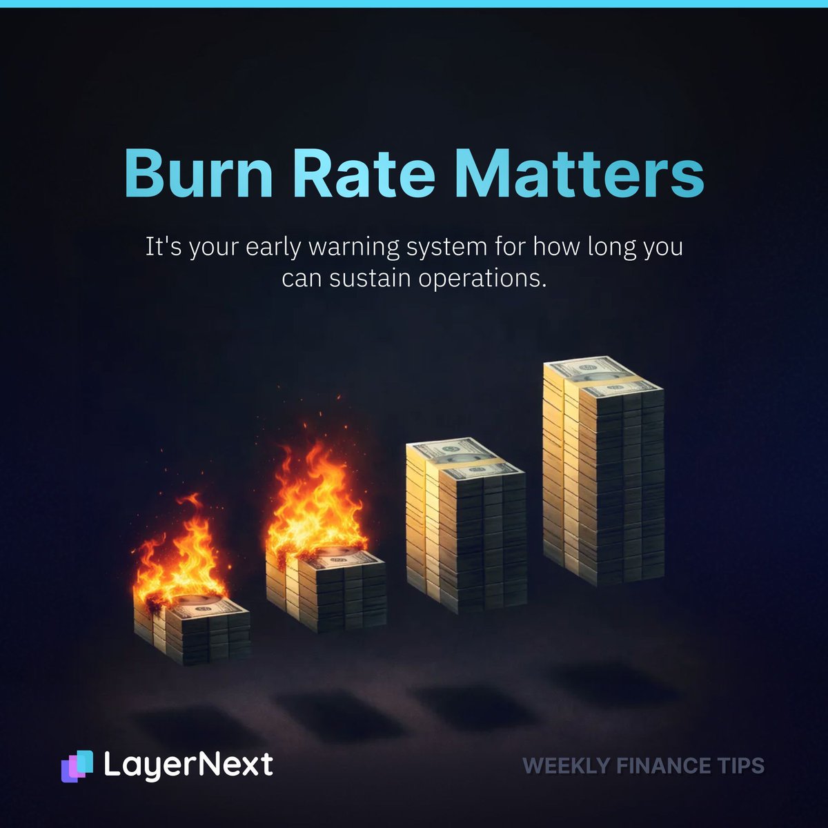 layernext_ai's tweet photo. Weekly Finance Tip for Founders 👇

If you're spending more than you're earning, track your burn rate.
It's your early warning system for how long you can sustain operations.
Growth-stage or bootstrapped burn rate gives you control.

#LayerNextFinanceTip #BurnRate #FounderFinance https://t.co/rU6UtFQoiK