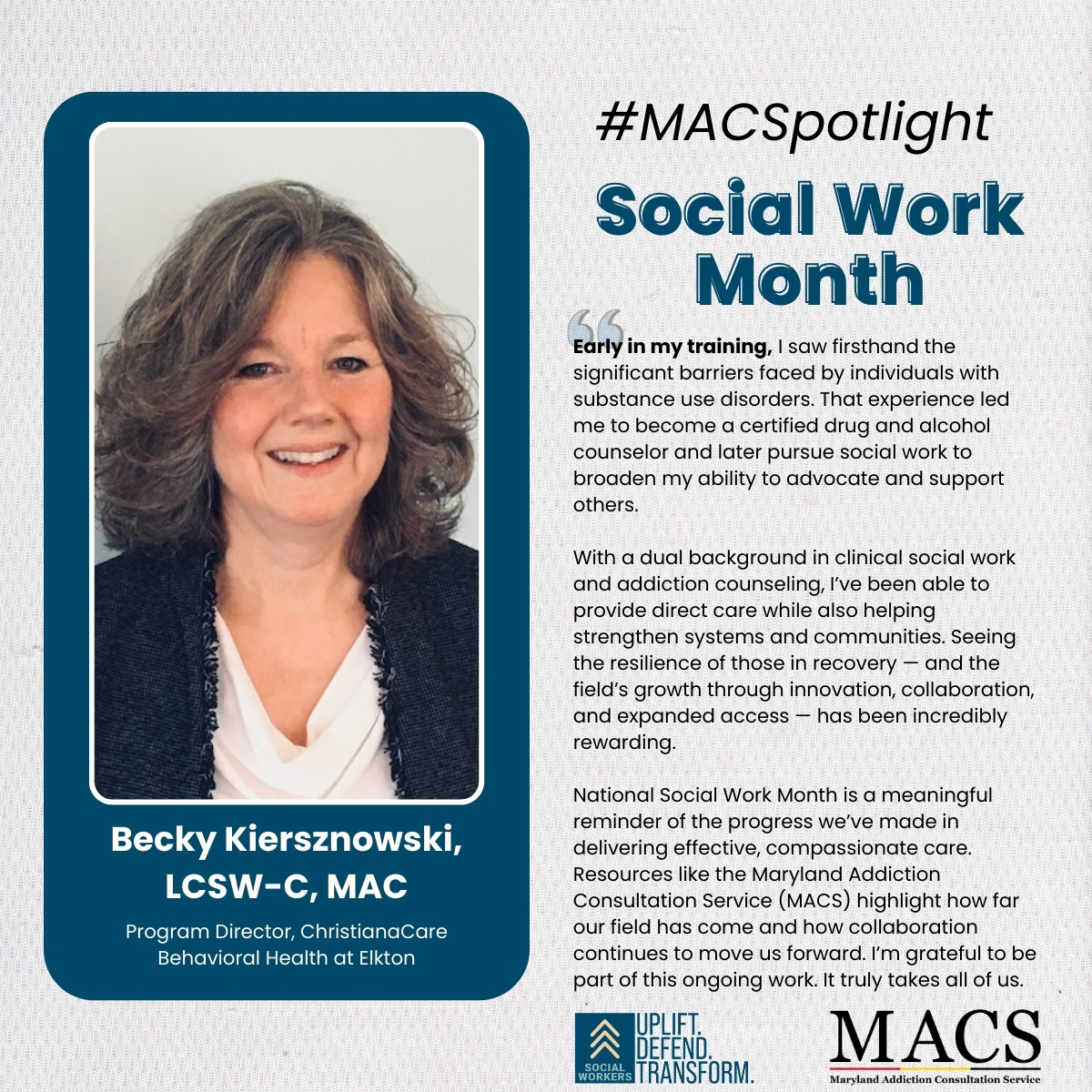 Maryland_MACS's tweet image. This month, MACS is celebrating #SocialWorkMonth by shining a #MACSpotlight on social workers across Maryland!

We are grateful for Becky’s dedication to expanding access and her commitment to delivering effective, compassionate care.

@christianacare #BehavioralHealth