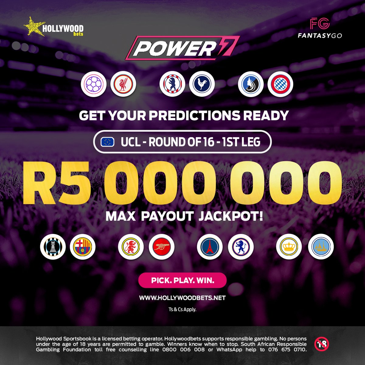 Hollywoodbets's tweet photo. Fuel your football fantasy with FantasyGo! β½
Bet R5+ on the Power 7 UCL - Round of 16 - 1st Leg contest and make seven correct score predictions for a chance to win the mega R5 Million jackpot! π€©
Bet now!
Ts & Cs apply.
#HWBTWT #FantasyGo https://t.co/GLSFmdz31F