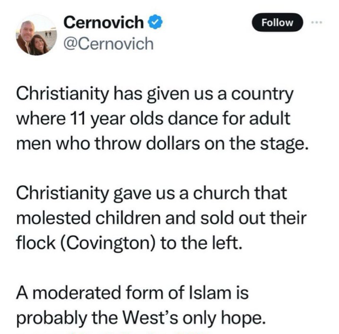 “A mOdErAtEd FoRm oF iSLaM iS pRobAbLy ThE WeSt’S OnLy HoPe.”

Never-mind the fact that Muslims worship a pedophile and child marriage is legal under Islamic law 🤡🤡🤡

Just more proof the influencer class is the most retarded demographic in America.