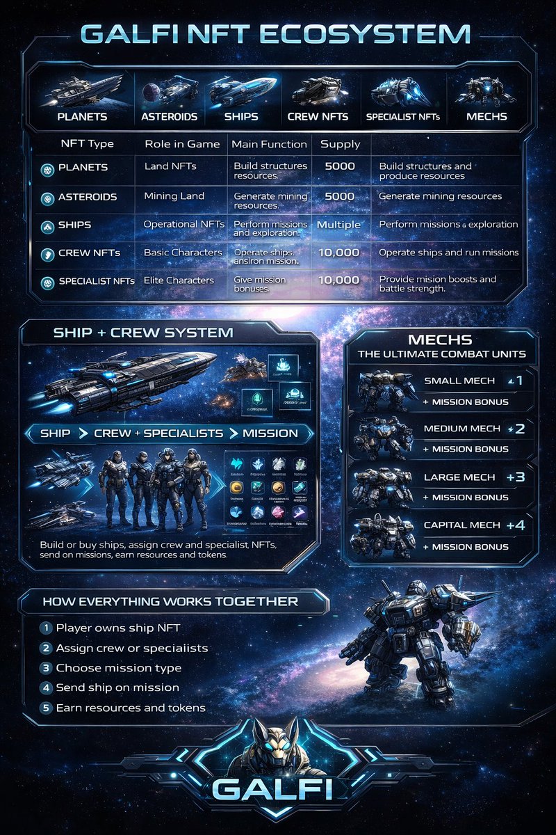 dr_uman52003's tweet photo. The @GalFiOfficial ecosystem in one graphic 🚀

Ships → Crew → Specialists → Missions → Rewards

Everything connected in a massive blockchain space strategy economy. https://t.co/7RernwQCPe