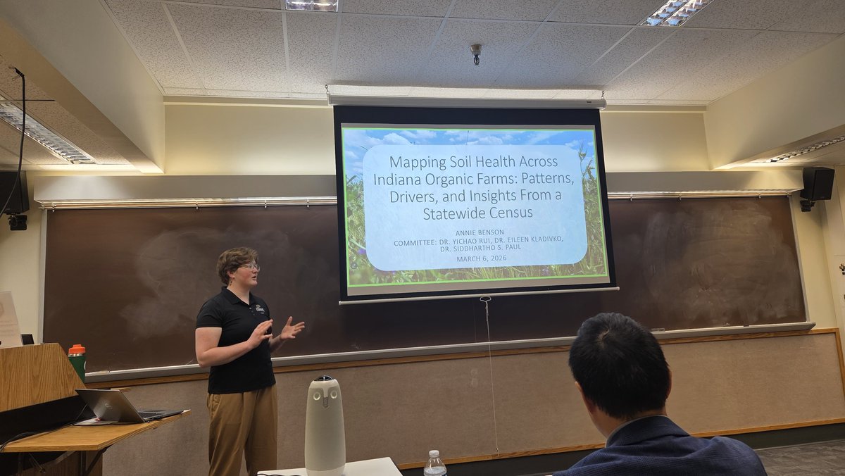 PurdueAgroeco's tweet photo. A big congratulations to Annie for successfully defending her master’s thesis titled, “Mapping Soil Health Across Indiana Organic Farms: Patterns, Drivers, and Insights From a Statewide Census.” 🎉 We’re so proud of the hard work and dedication that went into this research! https://t.co/mw8JFPqnfU